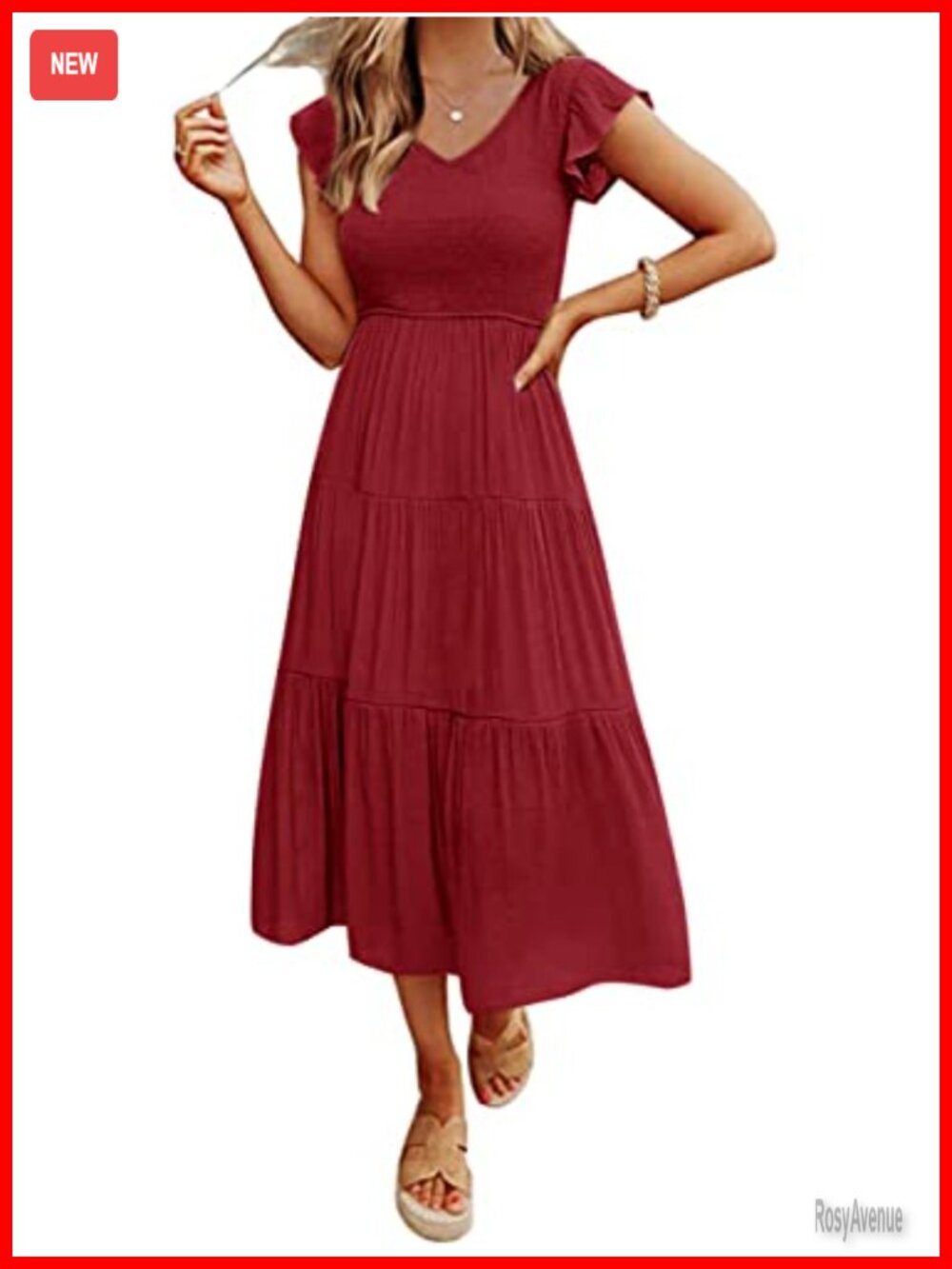 MEROKEETY Women's Flutter Sleeve Smocked Midi Dress Casual